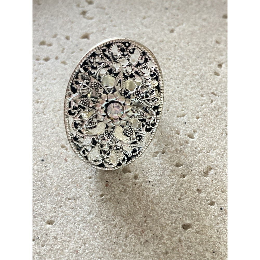 Silver Tone Oval Filigree Ring Floral Openwork Statement Ring AB Rhinestone
